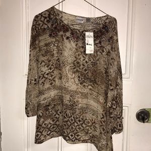 Chico’s sheer embellished tunic three quarter bell sleeves